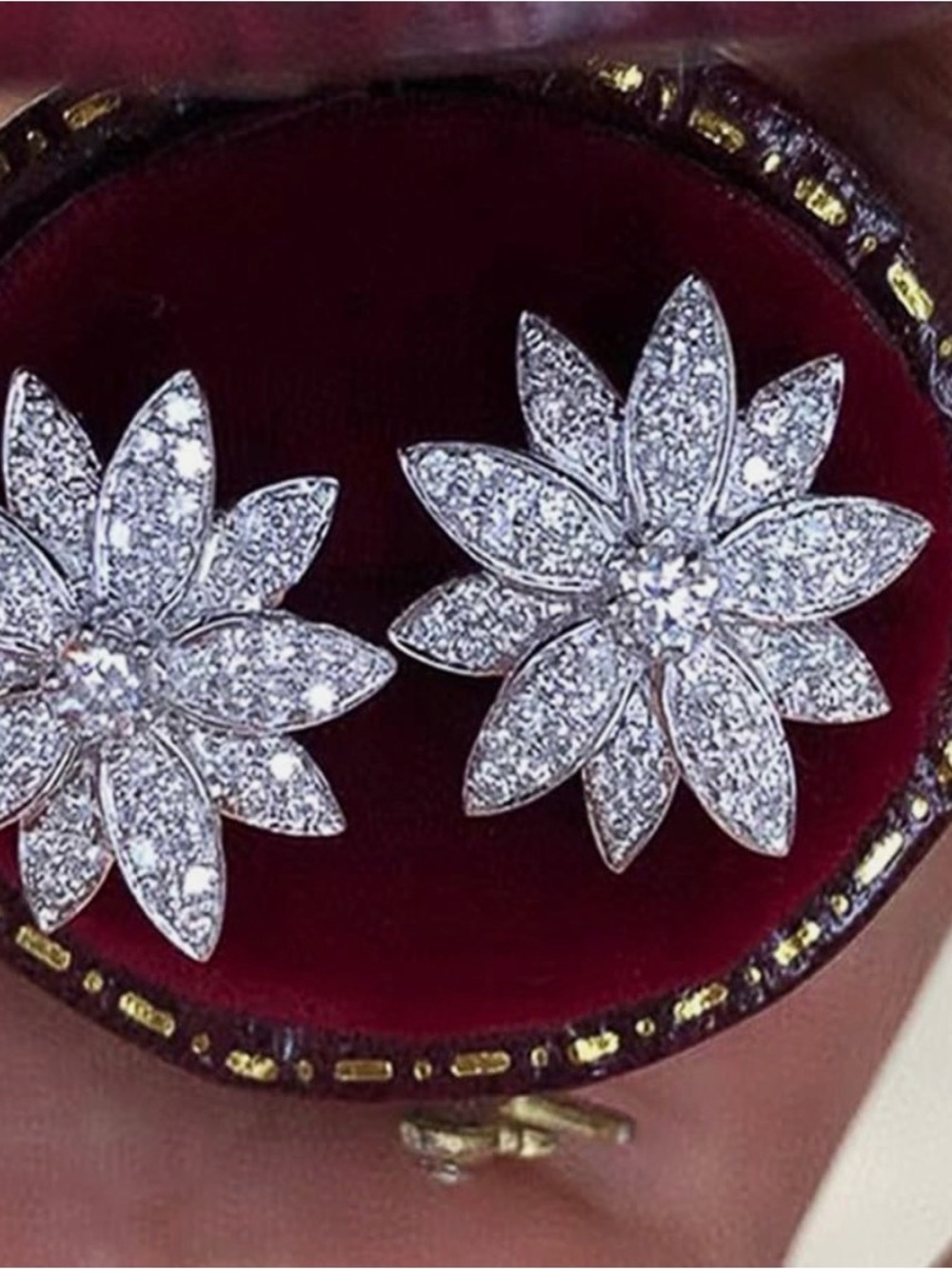 White Pavé Floral Cluster Stud Earrings - White Gold Look.